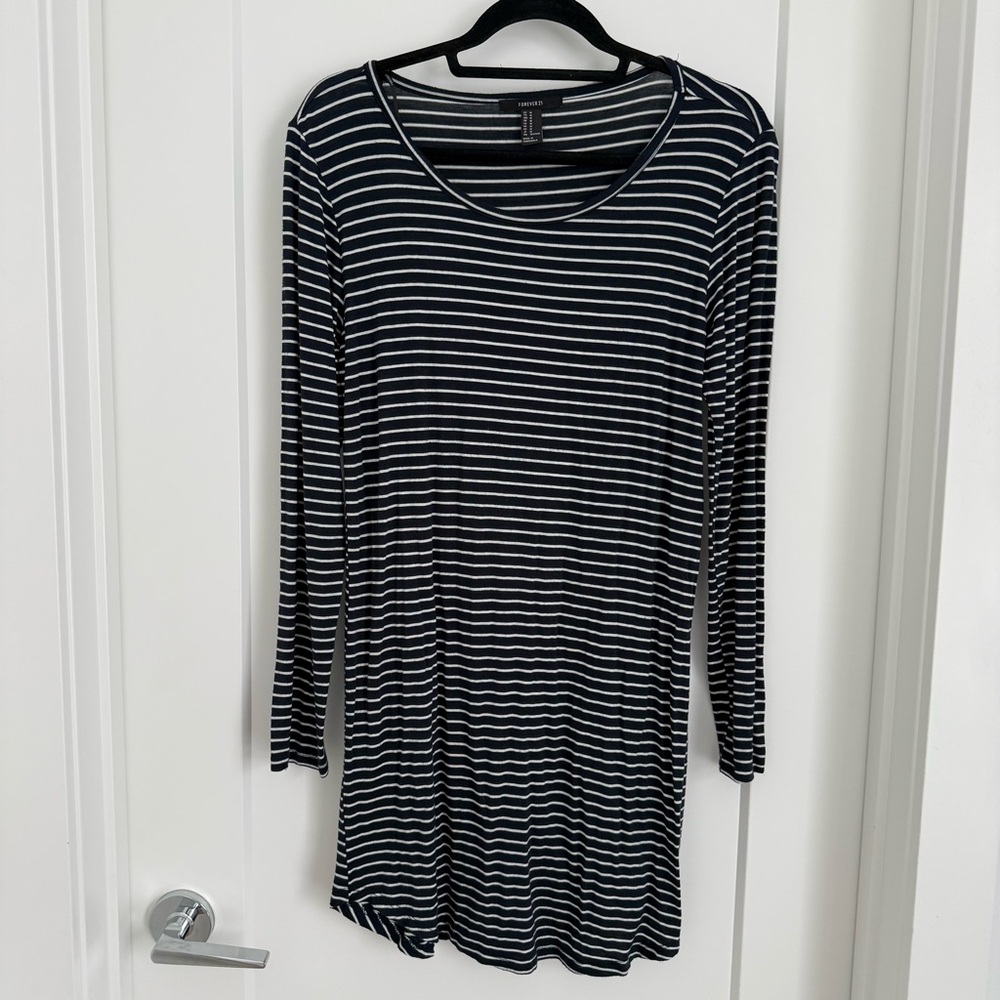 Last Chance-Forever 21 Navy and White Striped Long Sleeve Dress
